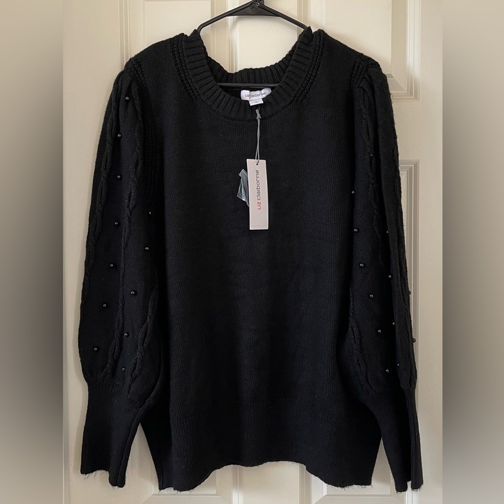 Liz Claiborne - Chic Black Sweater with Beaded Sleeves 1X - NWT!